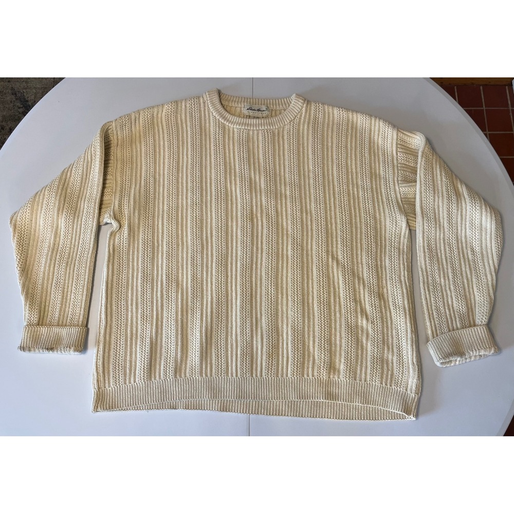 VTG Y2K Eddie Bauer Ribbed‎ Cable Knit 100% Cotton Sweater Mens XL Cream Preppy - Picture 1 of 5